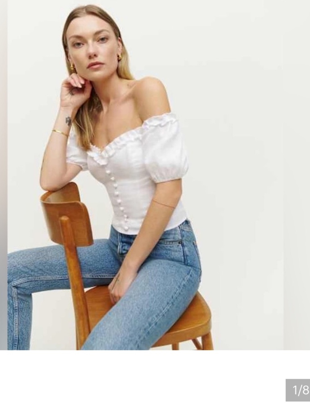 Reformation Kaden Linen Top White Size 8 Puff Sleeve Off Shoulder Crop Blouse